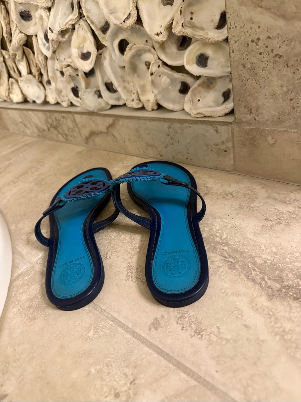 Tory Burch Blue Teal Logo Miller Sandals - Picture 4 of 6